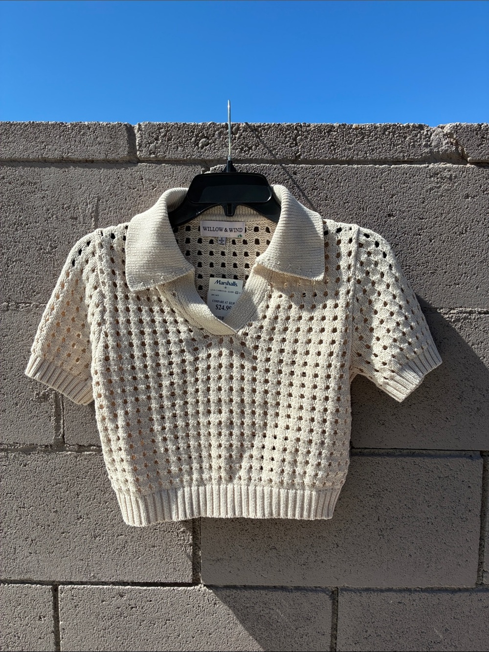 Cream Open-Knit Crop Polo Top